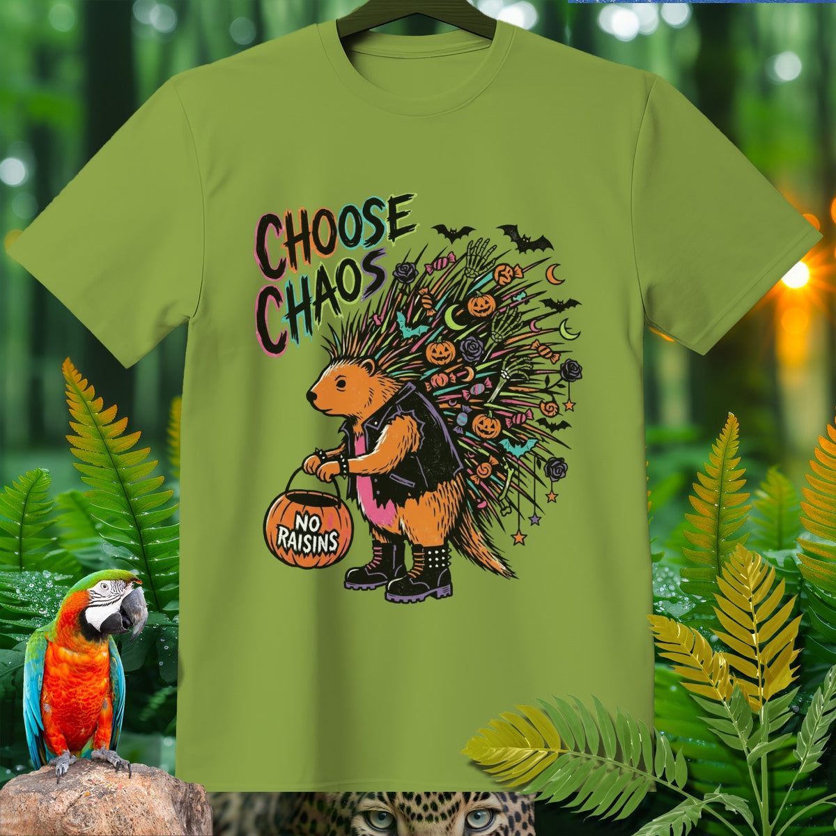T-shirt with porcupine art saying "Choose Chaos" and holding a "No Raisins" pumpkin.