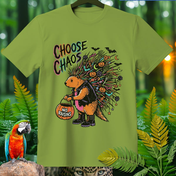 T-shirt with porcupine art saying "Choose Chaos" and holding a "No Raisins" pumpkin.