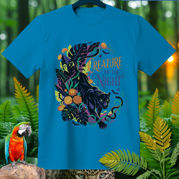 Blue t-shirt with black panther, snake, and jungle foliage art reading "Creature of the Night".