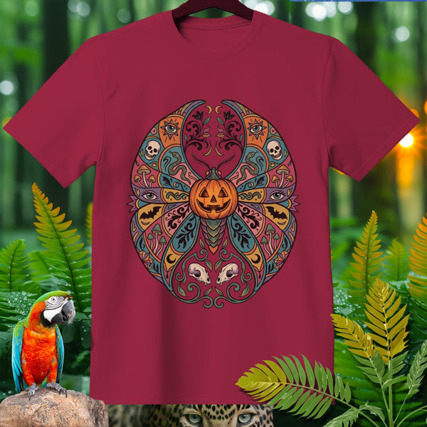 Maroon t-shirt with a circular Halloween mandala featuring a jack-o'-lantern, skulls, and eyes.
