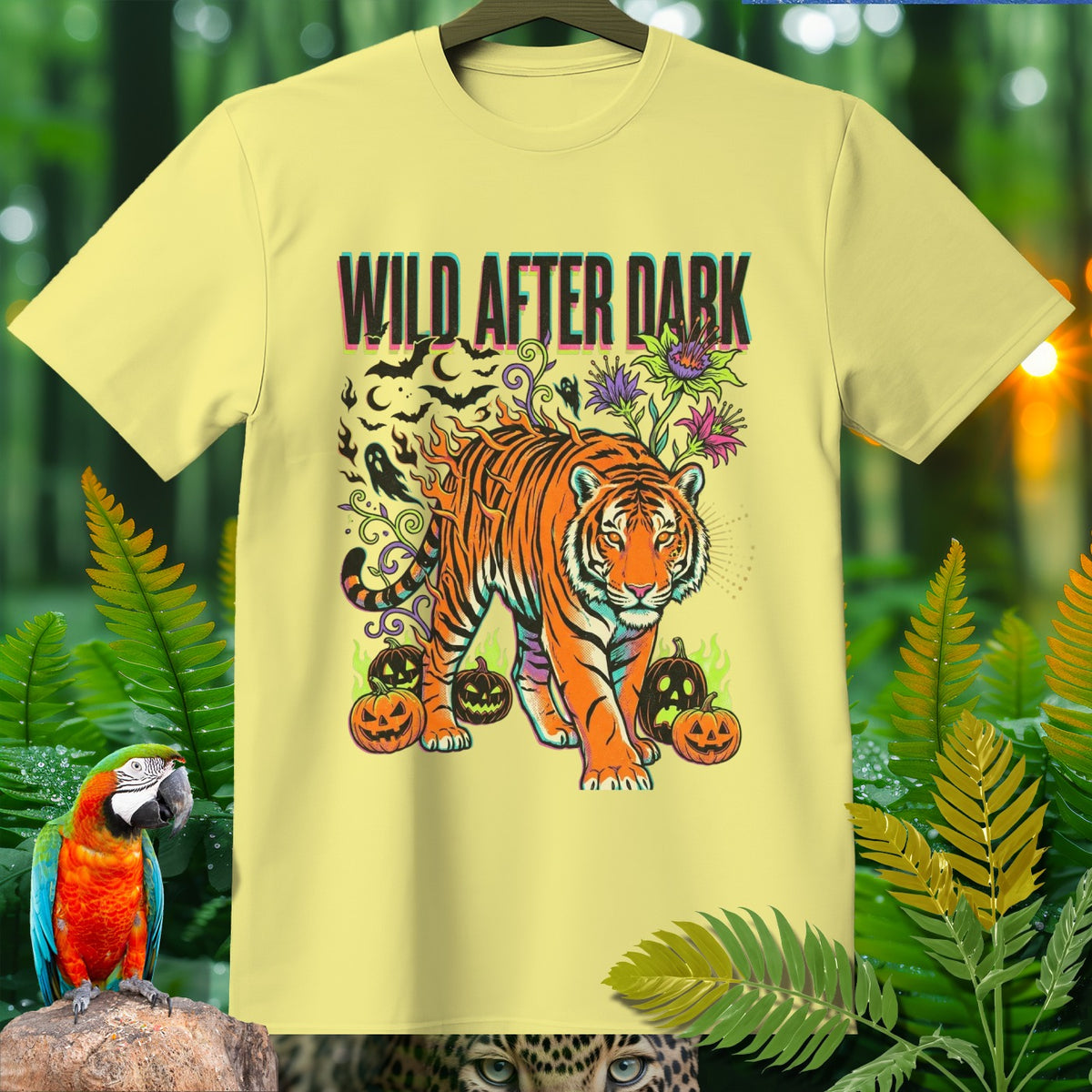 Light yellow t-shirt with "Wild After Dark" text and a tiger with Halloween pumpkins.