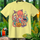 Yellow t-shirt with Halloween octopus graphic featuring a pumpkin, skull, and black cat.