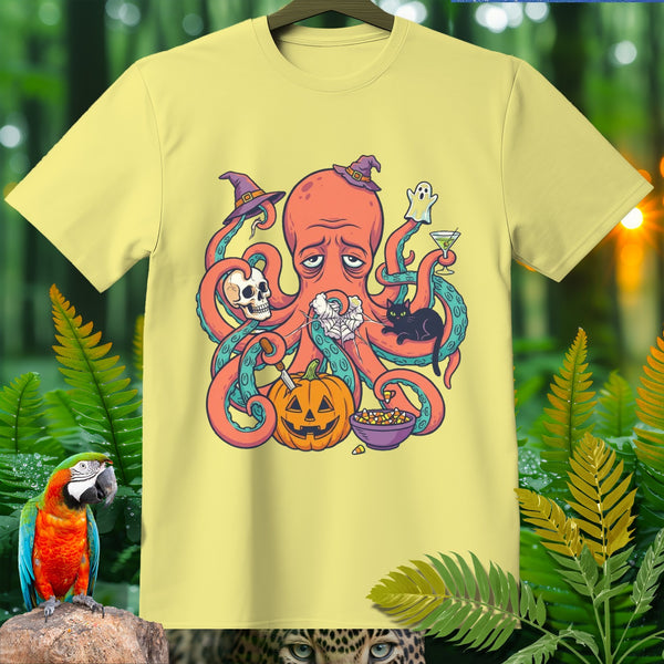 Yellow t-shirt with Halloween octopus graphic featuring a pumpkin, skull, and black cat.