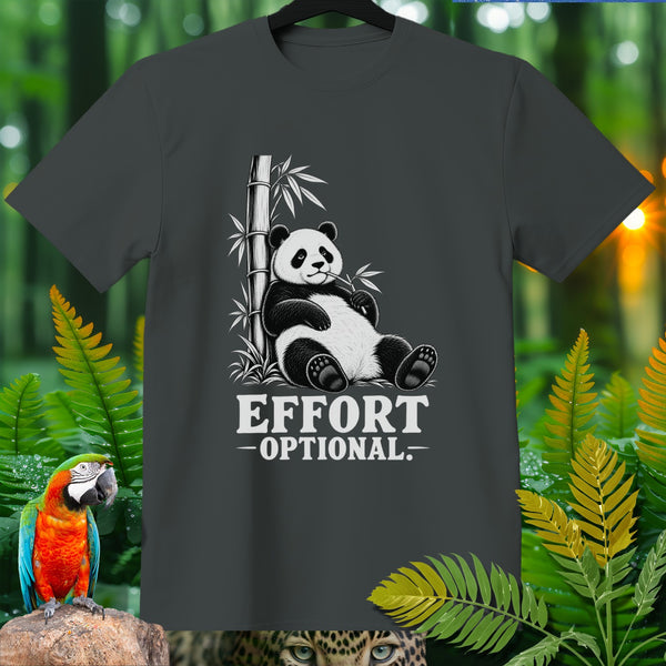 Dark grey t-shirt with panda sitting by bamboo, reading "Effort Optional."