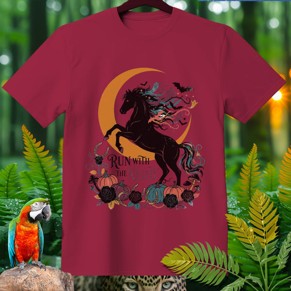 Maroon t-shirt with a black horse, crescent moon, pumpkins, roses, and text "Run with the Night."
