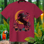 Maroon t-shirt with a black horse, crescent moon, pumpkins, roses, and text "Run with the Night."