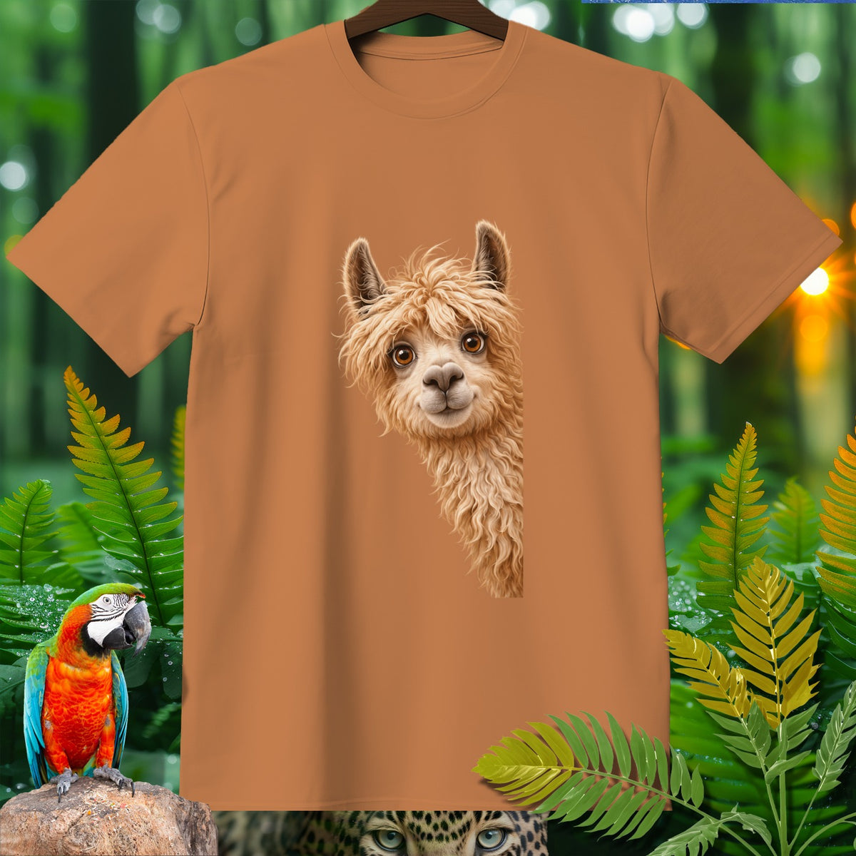 Brown t-shirt with a cartoon alpaca face graphic and jungle foliage accents.