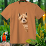 Brown t-shirt with a cartoon alpaca face graphic and jungle foliage accents.