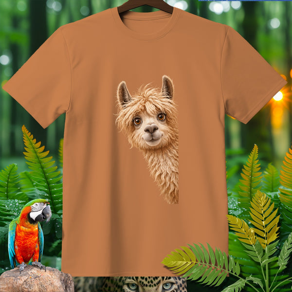 Brown t-shirt with a cartoon alpaca face graphic and jungle foliage accents.