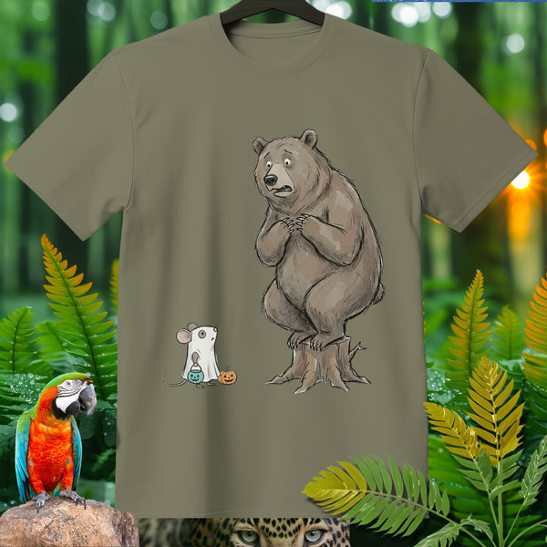 Bear on stump, mouse in ghost costume, Halloween, on green t-shirt.