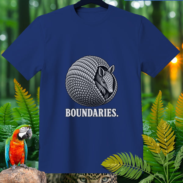 Dark blue t-shirt with a rolled-up armadillo graphic and the word "BOUNDARIES."