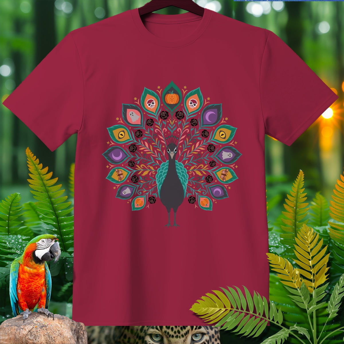 Maroon t-shirt with a peacock design featuring Halloween motifs like pumpkins and ghosts.
