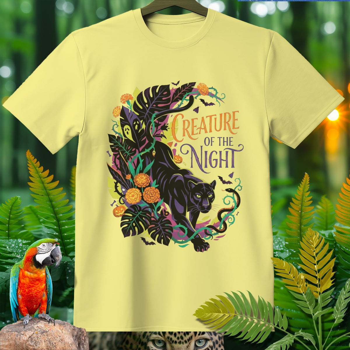 Yellow t-shirt with black panther and "Creature of the Night" text design.