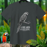 Dark grey t-shirt with a detailed parrot illustration and text 
