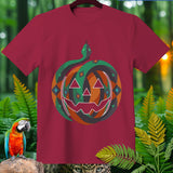 Maroon t-shirt with a Halloween pumpkin and snake graphic.