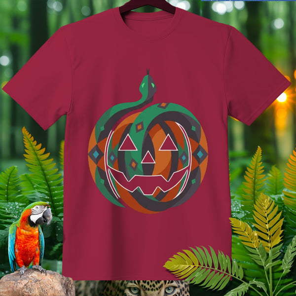 Maroon t-shirt with a Halloween pumpkin and snake graphic.