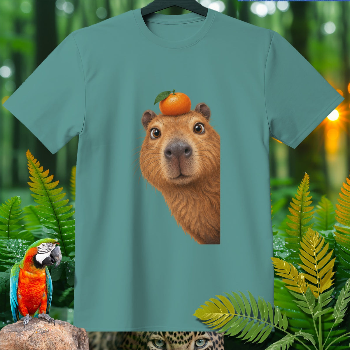 Teal t-shirt featuring a capybara with an orange on its head, surrounded by foliage.