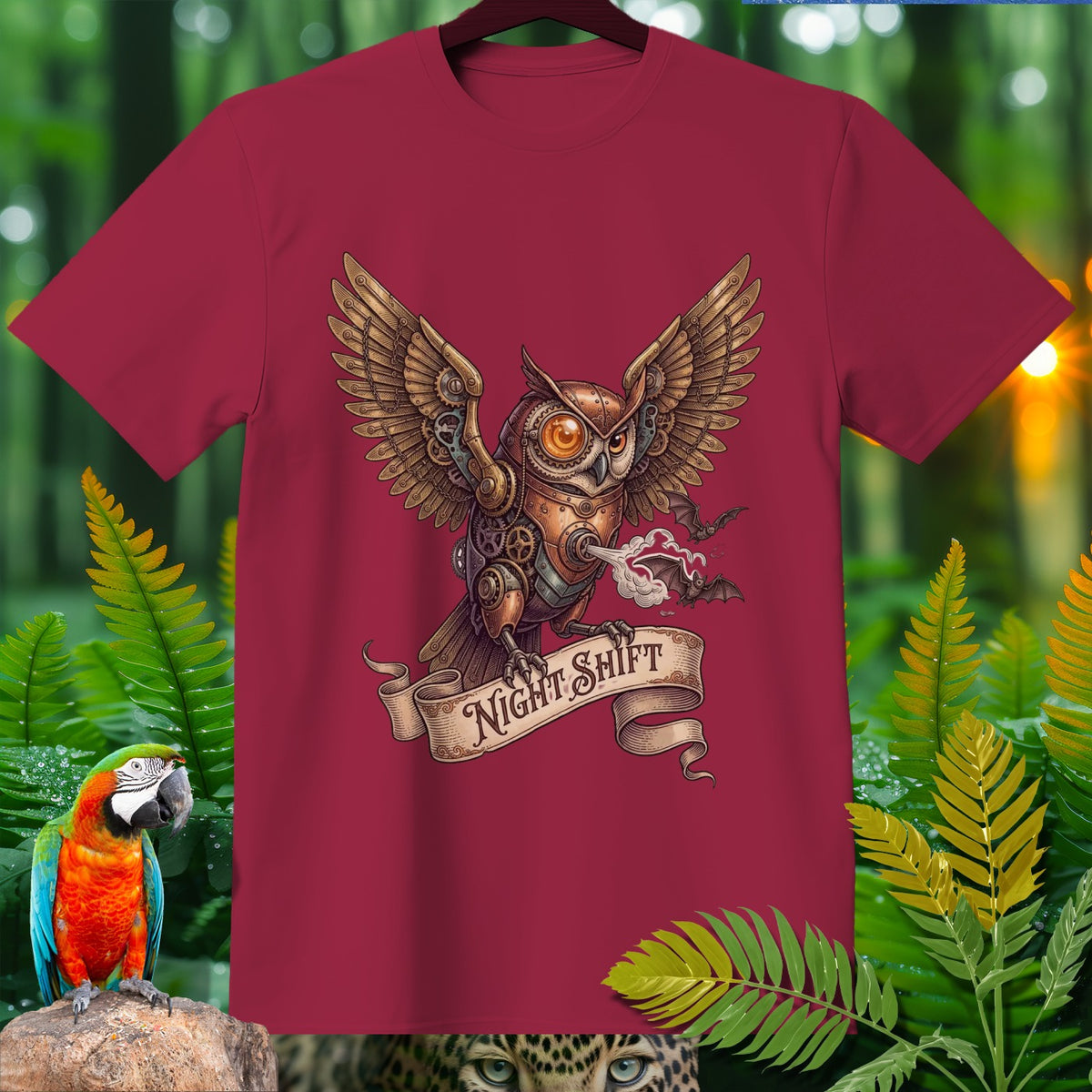 Steampunk owl with gears and wings, text "NIGHT SHIFT" on a banner.