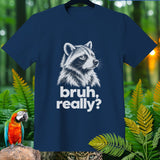 Navy t-shirt with raccoon graphic and text 