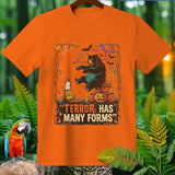 Orange t-shirt with Halloween graphic featuring a bear, mouse, pumpkins, and the text 