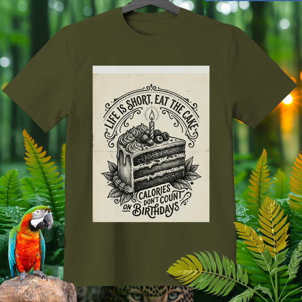 T-shirt with vintage "Life is short, eat the cake" graphic featuring a slice of cake.