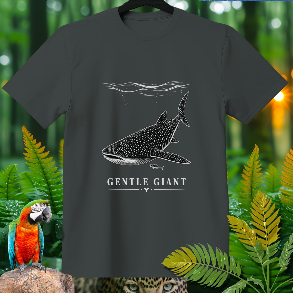 Dark grey t-shirt with a white graphic of a whale shark and text "GENTLE GIANT".