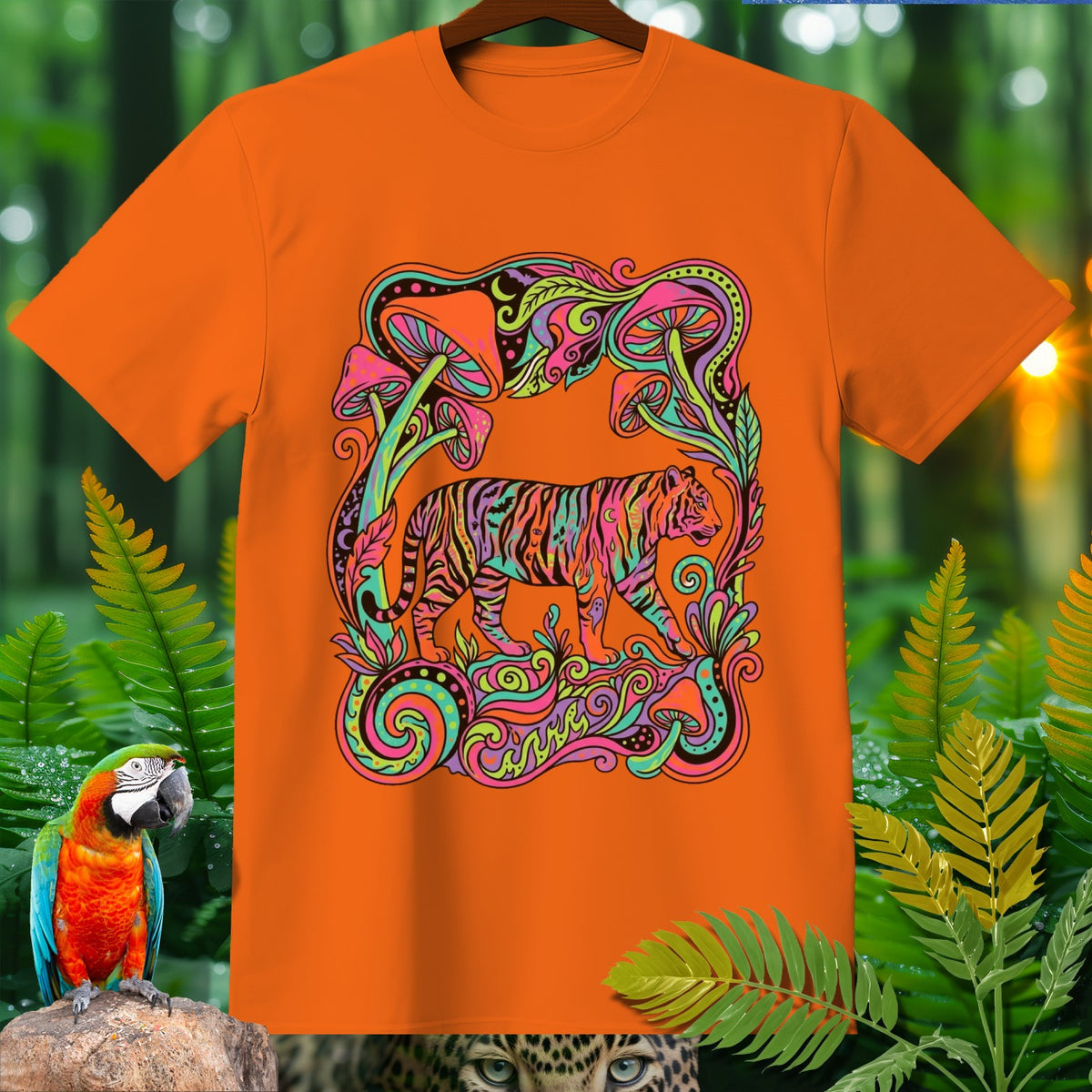 Orange t-shirt with psychedelic tiger, mushrooms, and swirls design.