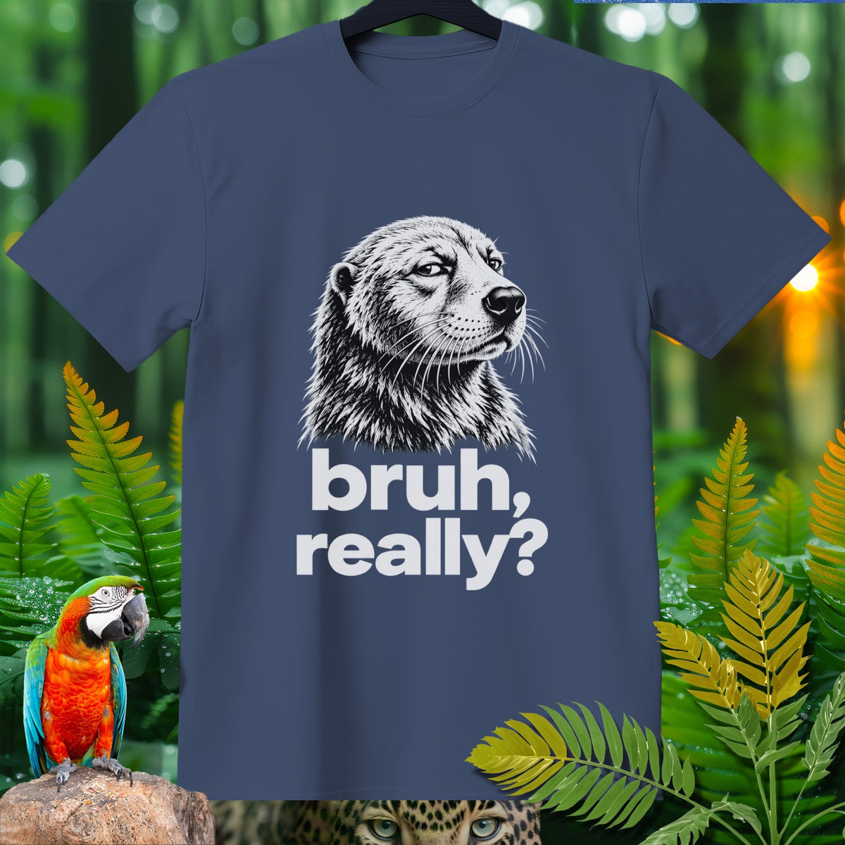 Dark blue t-shirt with black and white illustration of a dog and text "bruh, really?".