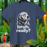Dark blue t-shirt with black and white illustration of a dog and text 