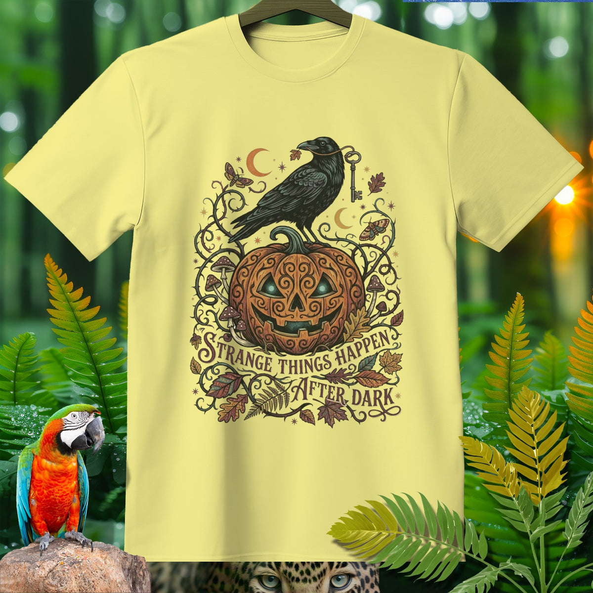 Light yellow t-shirt with crow on pumpkin, text "STRANGE THINGS HAPPEN AFTER DARK."