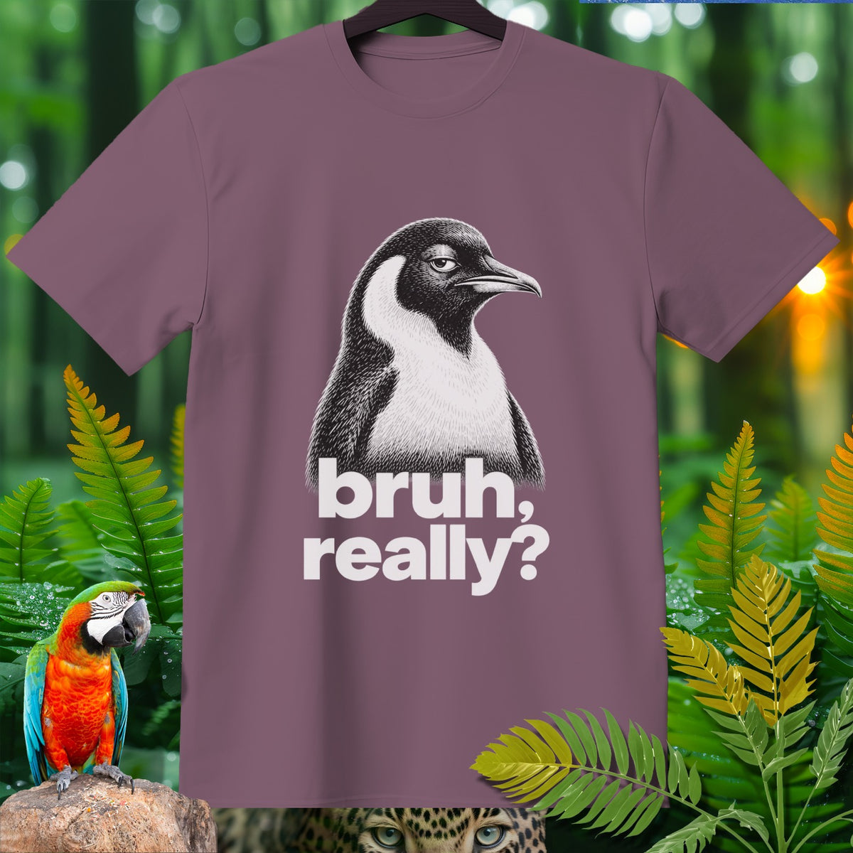 Mauve t-shirt with a penguin graphic and the text "bruh, really?".