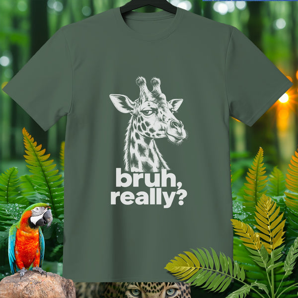 Green t-shirt with white giraffe head graphic and "bruh, really?" text.