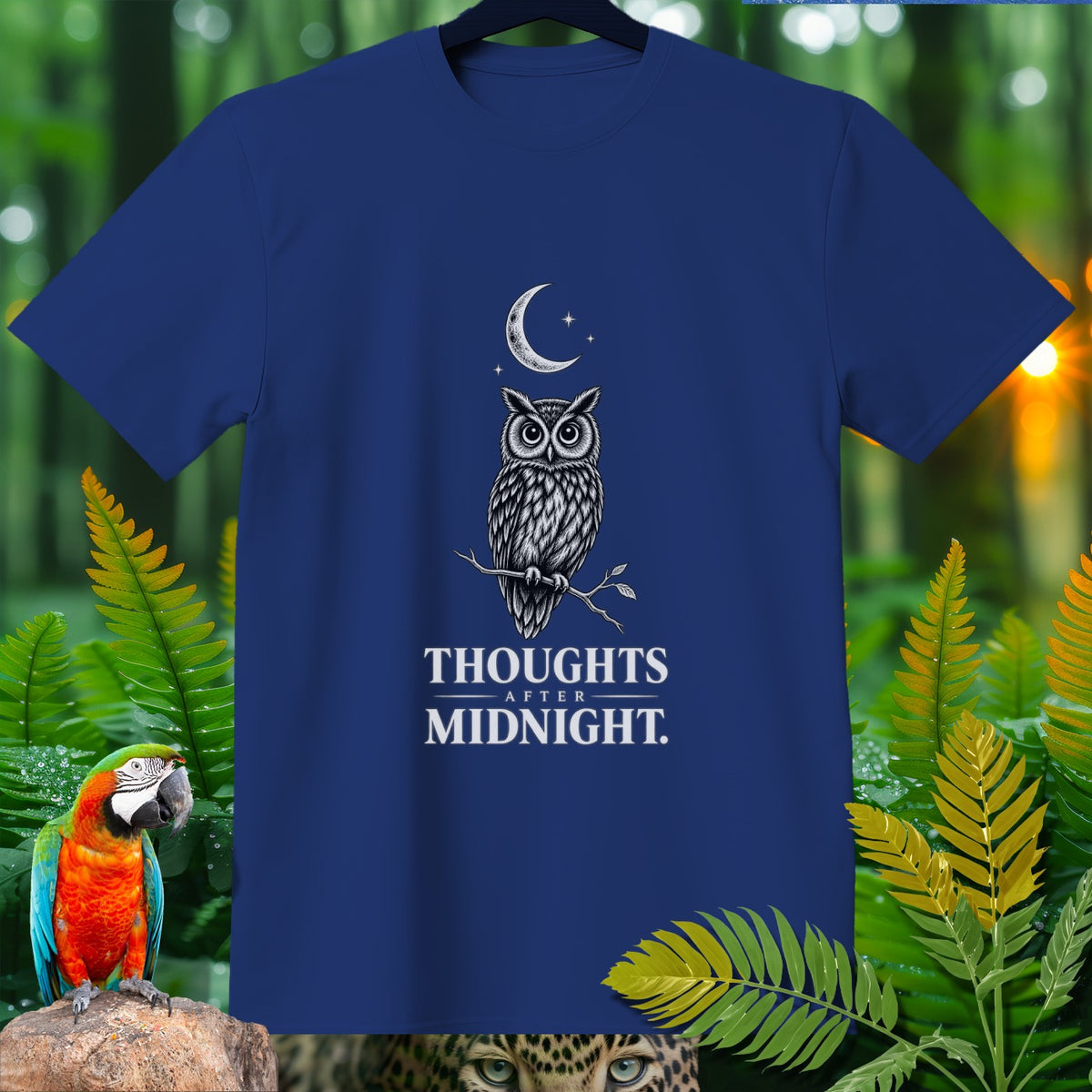 Blue t-shirt with owl graphic and text "THOUGHTS AFTER MIDNIGHT."