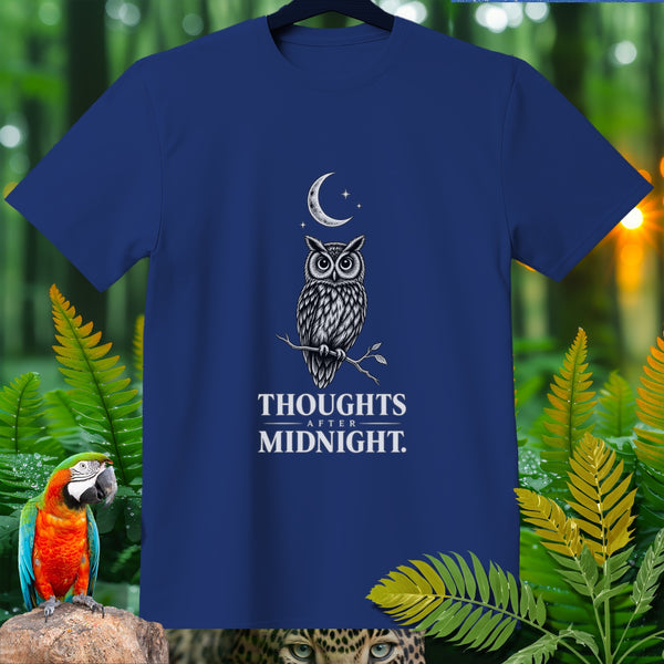 Blue t-shirt with owl graphic and text "THOUGHTS AFTER MIDNIGHT."