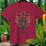 Maroon t-shirt with a detailed bison graphic featuring a crow on its head and autumn leaves.