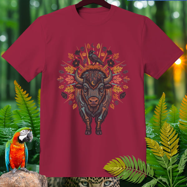 Maroon t-shirt with a detailed bison graphic featuring a crow on its head and autumn leaves.