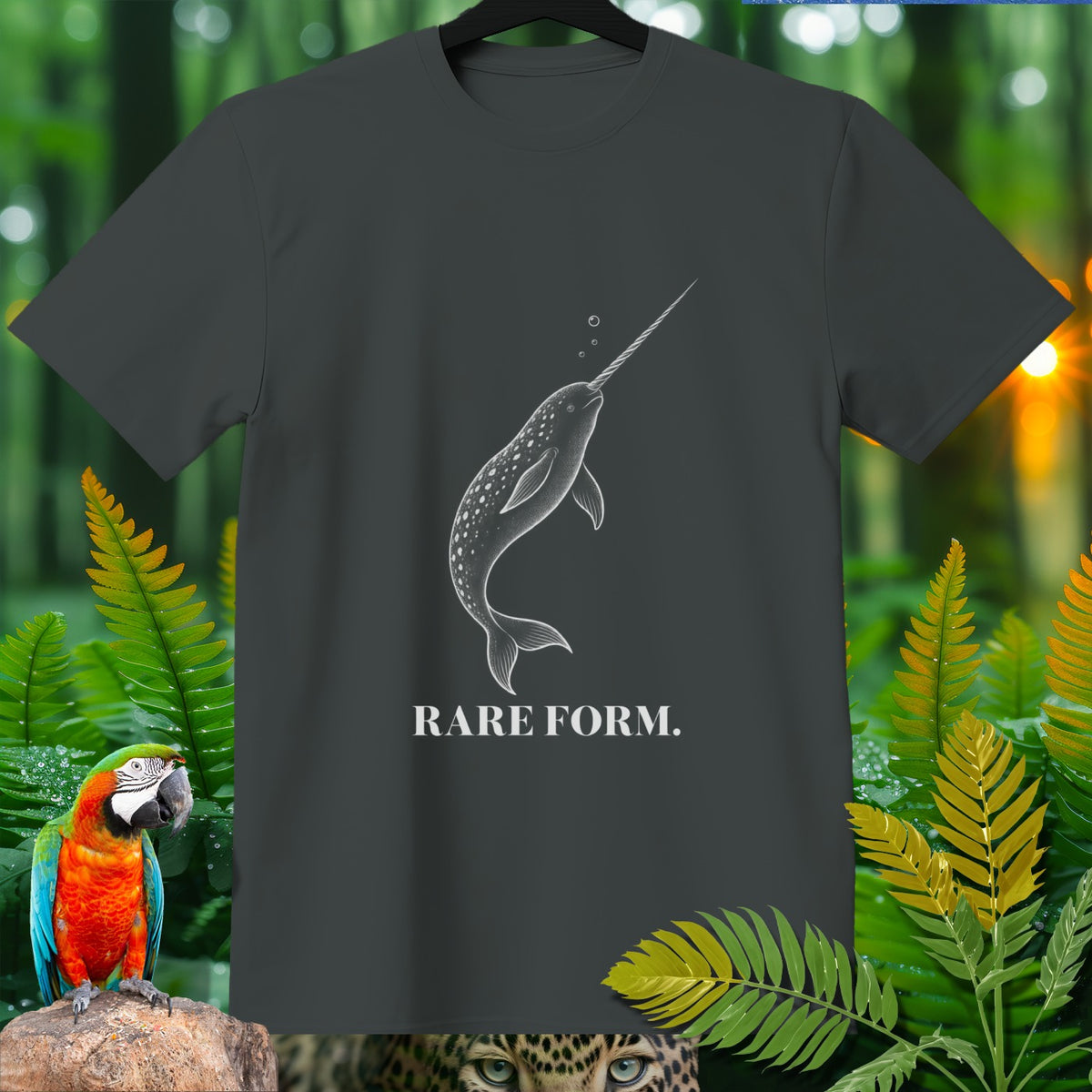Dark grey t-shirt with a white line drawing of a narwhal and the text "RARE FORM."