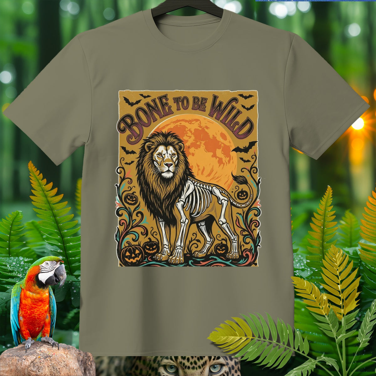 Lion skeleton graphic with "Bone to be Wild" text, bats, pumpkins, and moon.