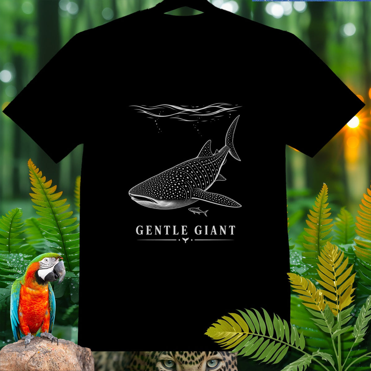 Black t-shirt with white whale shark graphic and "GENTLE GIANT" text.