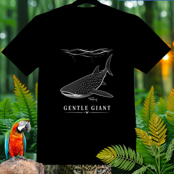 Black t-shirt with white whale shark graphic and "GENTLE GIANT" text.