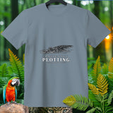 Gray t-shirt with a black and white drawing of an alligator in water, text 