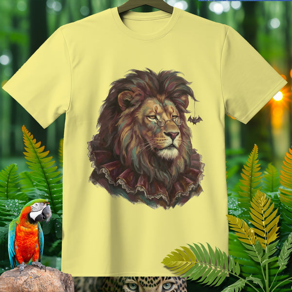 Yellow t-shirt with a regal lion wearing glasses and a ruffled collar, next to a parrot.