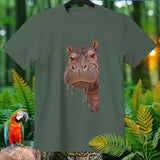 Green t-shirt with a close-up of a hippo's face and surrounding jungle foliage.