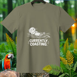 Olive green t-shirt with white graphic of otter floating and text 