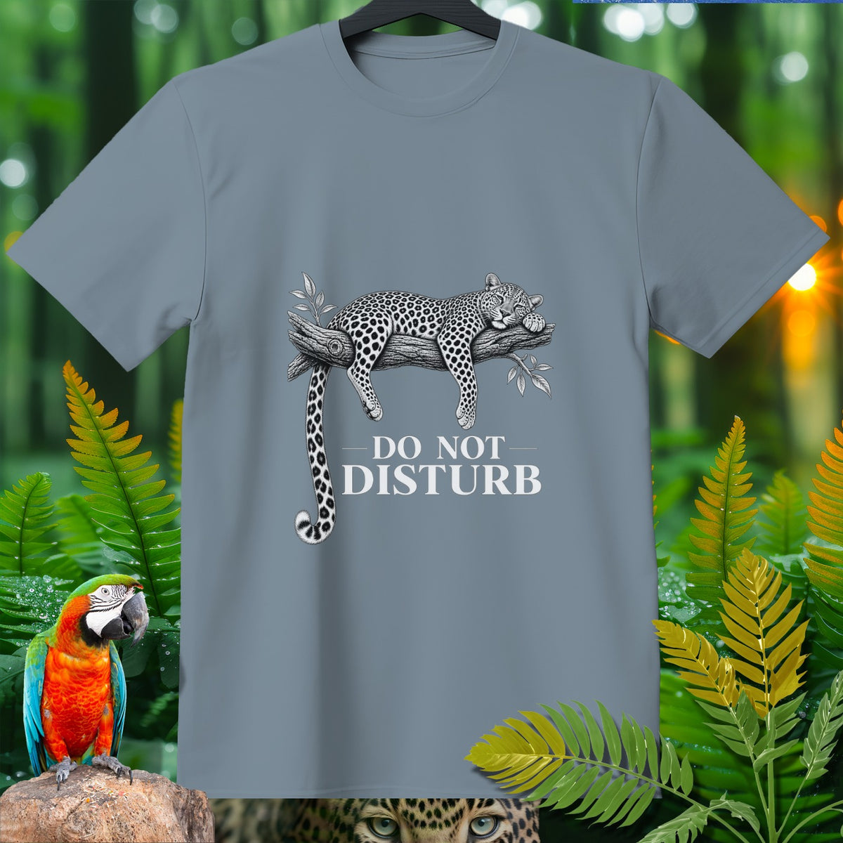 Gray t-shirt with sleeping leopard and "Do Not Disturb" text on a forest background.