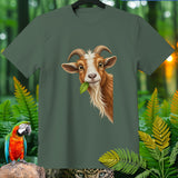Green t-shirt with illustration of a goat eating a leaf and a parrot.