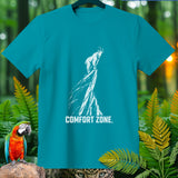 Teal t-shirt with white graphic of mountain goat on cliff, text 