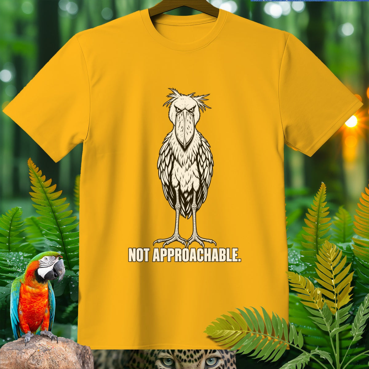 Yellow t-shirt with a shoebill stork illustration and text "NOT APPROACHABLE."