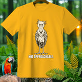 Yellow t-shirt with a shoebill stork illustration and text 
