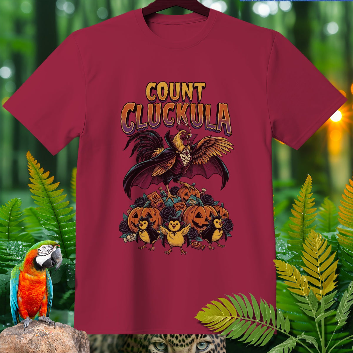 Maroon t-shirt with "Count Cluckula" text and a rooster in a vampire cape with pumpkins and chicks.